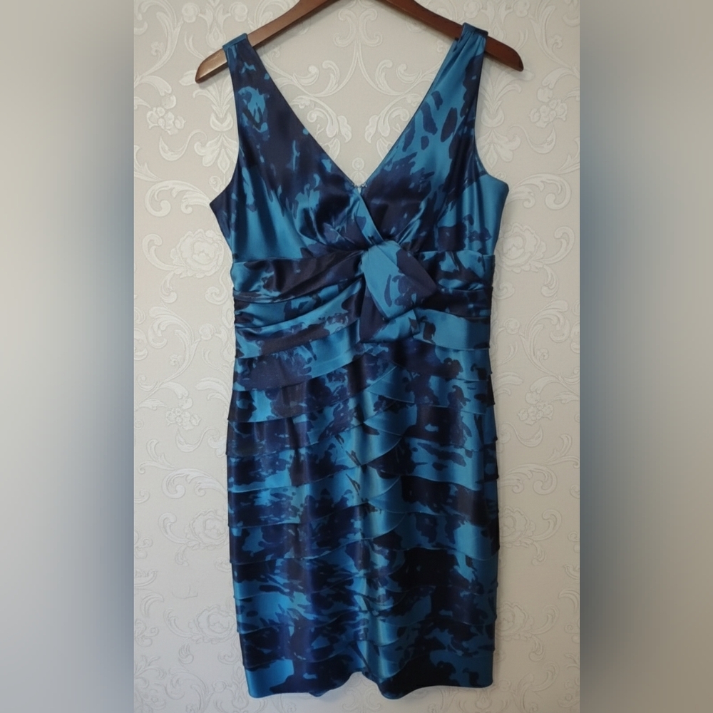 Jones New York Teal Blue & Black Satin Ruched Tiered Ruffle Cocktail Dress